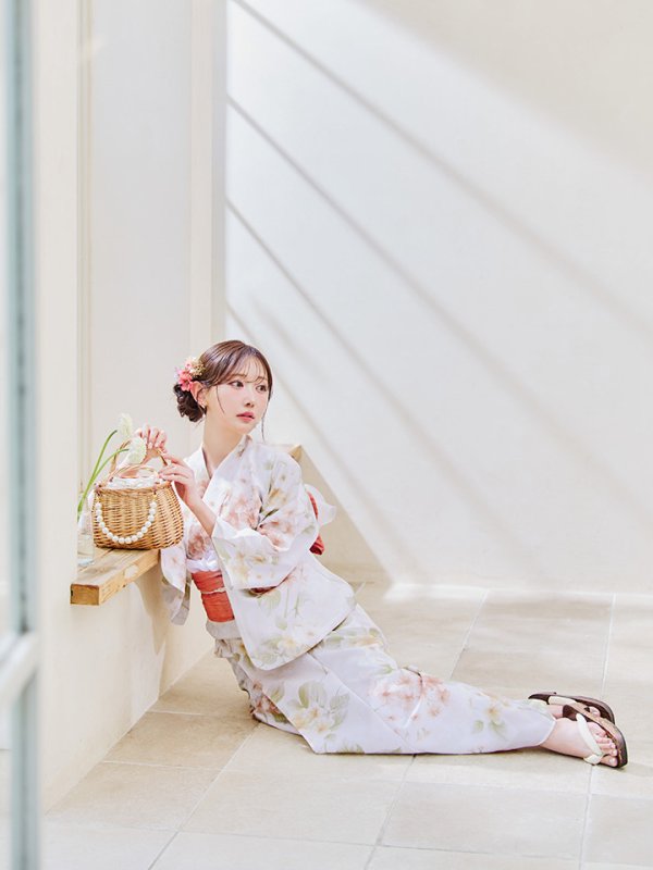 画像10: 【即日発送！】クリームイエロー×オレンジ紫陽花浴衣【浴衣３点セット 浴衣/帯/下駄】[YMT]