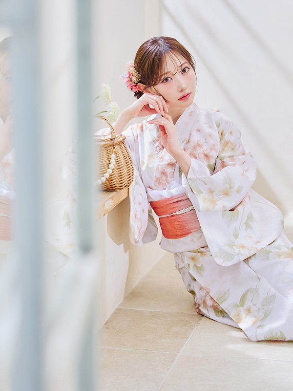 画像13: 【即日発送！】クリームイエロー×オレンジ紫陽花浴衣【浴衣３点セット 浴衣/帯/下駄】[YMT]