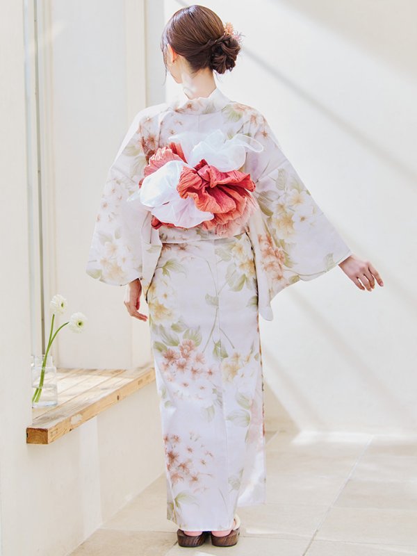 画像14: 【即日発送！】クリームイエロー×オレンジ紫陽花浴衣【浴衣３点セット 浴衣/帯/下駄】[YMT]