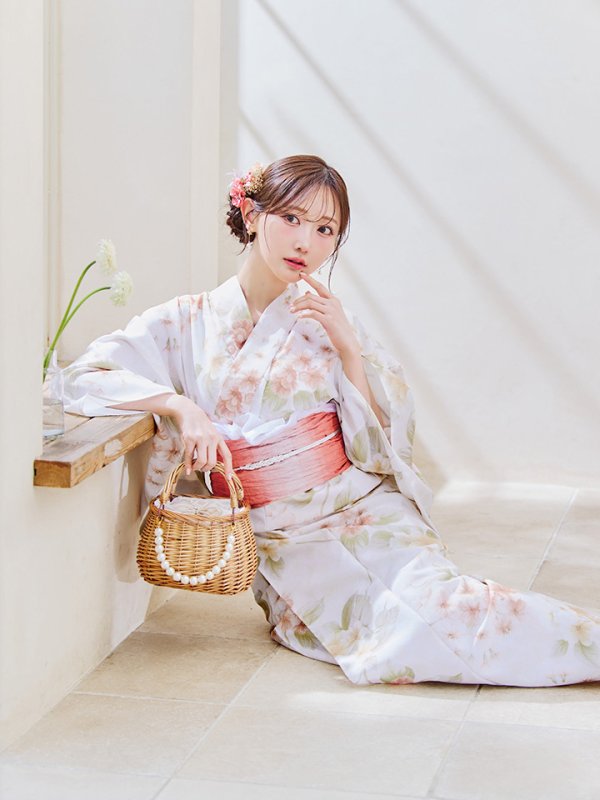 画像2: 【即日発送！】クリームイエロー×オレンジ紫陽花浴衣【浴衣３点セット 浴衣/帯/下駄】OBI-g-500-kj-4-OR / HIMO-900-yn-5-IV / HEKO-800-sb-5-WH / YA-1027-wk-P / GETA-02-ok-2-IV / [YMT]