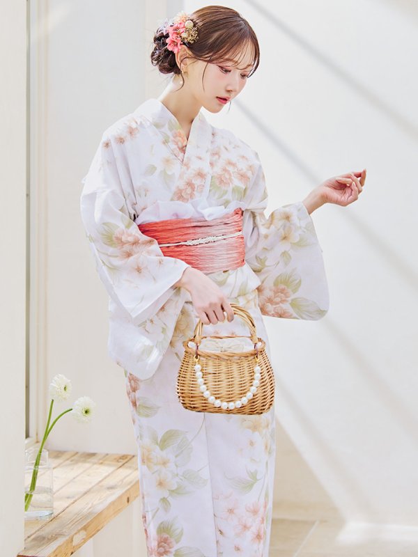 画像3: 【即日発送！】クリームイエロー×オレンジ紫陽花浴衣【浴衣３点セット 浴衣/帯/下駄】[YMT]