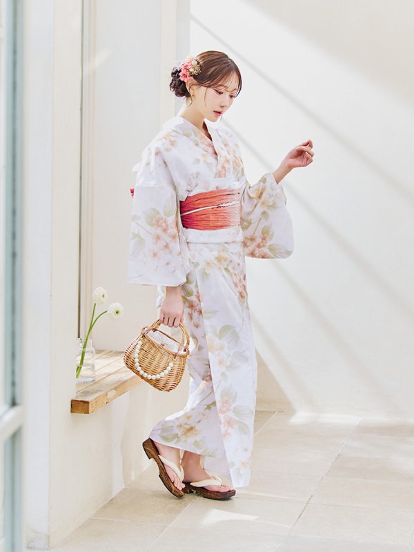 画像6: 【即日発送！】クリームイエロー×オレンジ紫陽花浴衣【浴衣３点セット 浴衣/帯/下駄】[YMT]