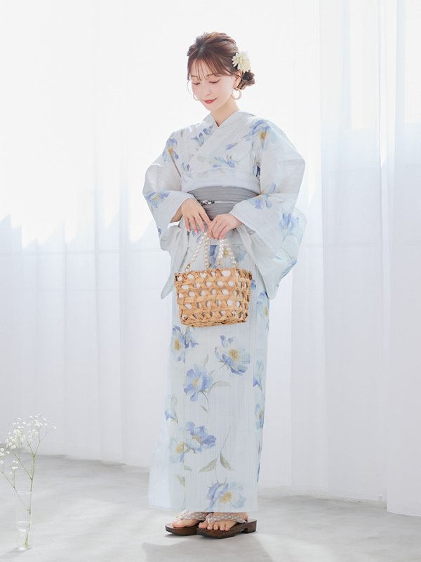 画像12: 【浴衣セール！】【即日発送】 ホワイト×アイシーフラワー浴衣  【浴衣３点セット 浴衣/帯/下駄】 [/YMT]