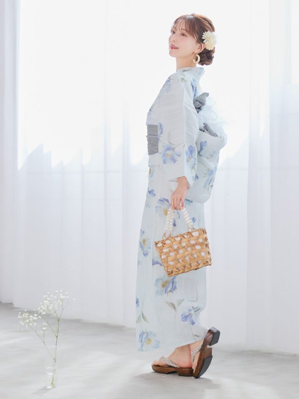 画像13: 【浴衣セール！】【即日発送】 ホワイト×アイシーフラワー浴衣  【浴衣３点セット 浴衣/帯/下駄】 [/YMT]