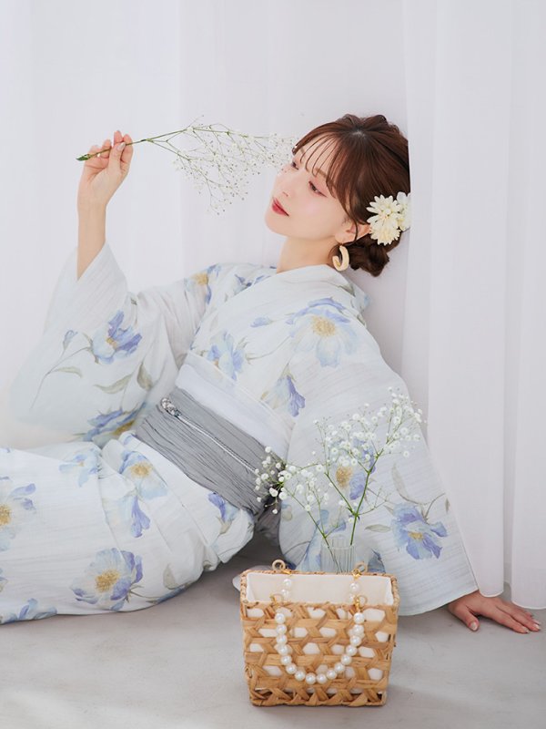 画像5: 【浴衣セール！】【即日発送】 ホワイト×アイシーフラワー浴衣  【浴衣３点セット 浴衣/帯/下駄】 [/YMT]