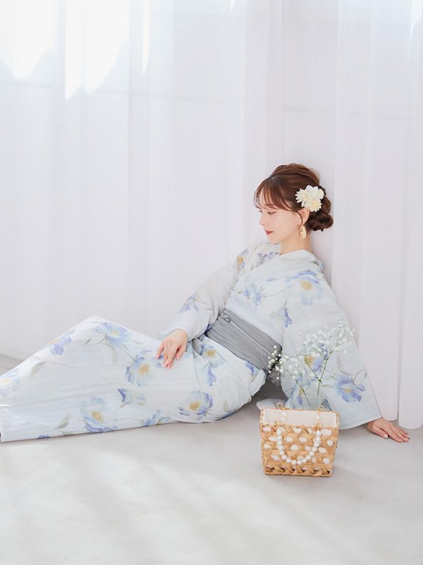 画像8: 【浴衣セール！】【即日発送】 ホワイト×アイシーフラワー浴衣  【浴衣３点セット 浴衣/帯/下駄】 [/YMT]