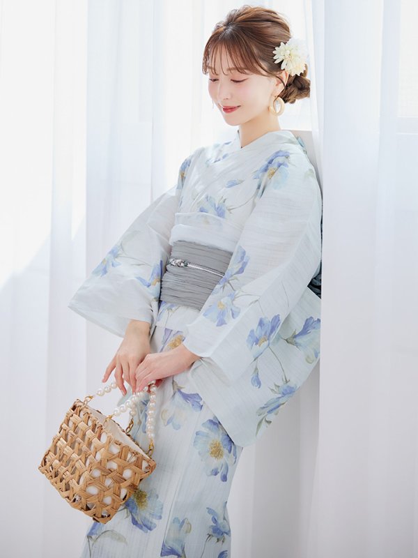 画像9: 【浴衣セール！】【即日発送】 ホワイト×アイシーフラワー浴衣  【浴衣３点セット 浴衣/帯/下駄】 [/YMT]