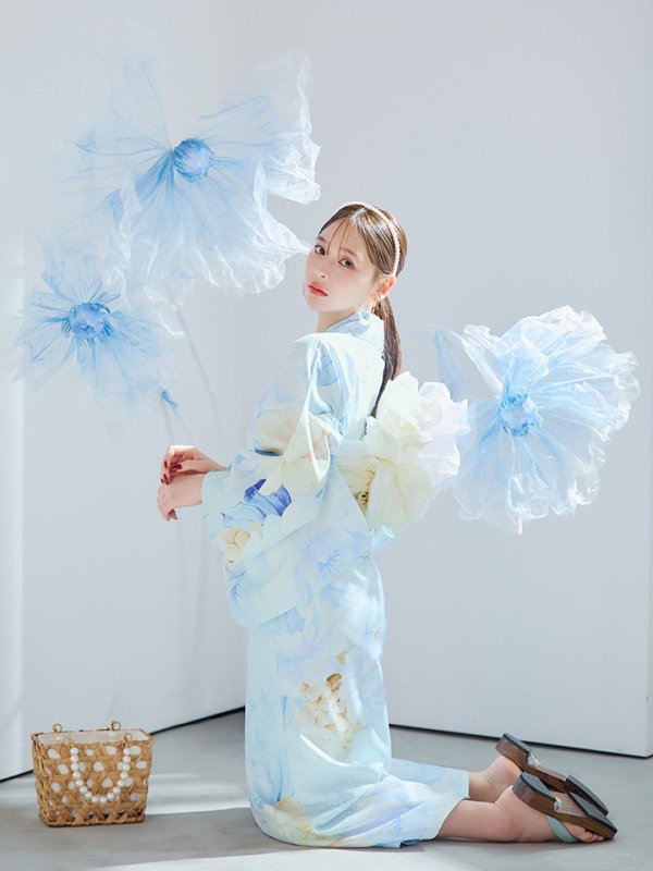 画像10: 【即日発送】ベビーブルー牡丹＆紫陽花浴衣  【浴衣３点セット 浴衣/帯/下駄】[YMT]
