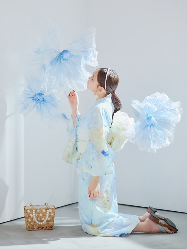 画像12: 【即日発送】ベビーブルー牡丹＆紫陽花浴衣  【浴衣３点セット 浴衣/帯/下駄】[YMT]