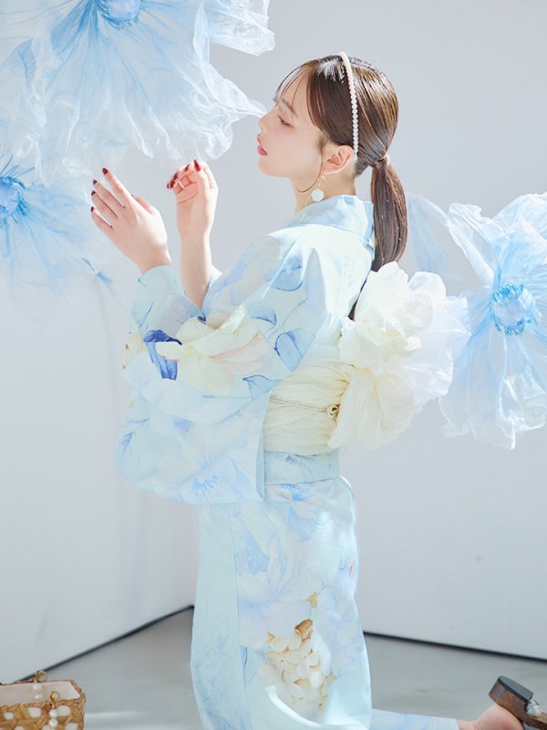 画像9: 【即日発送】ベビーブルー牡丹＆紫陽花浴衣  【浴衣３点セット 浴衣/帯/下駄】[YMT]
