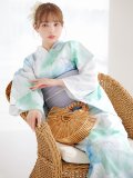 【予約 / 5月中旬発送予定】大柄アイシーミントフラワー浴衣 OBI-g-500-kj-8-GY / HIMO-900-yn-5-IV / HEKO-800-sb-10-LBL / YA-1082-kj-W / GETA-01-kj-2-BL [y/YMT]