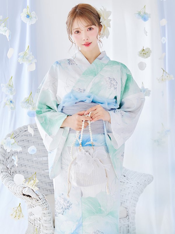 画像2: 大柄アイシーミントフラワー浴衣  【浴衣３点セット 浴衣/帯/下駄】OBI-g-500-kj-8-GY / HIMO-900-yn-5-IV / HEKO-800-sb-10-LBL / YA-1082-kj-W / GETA-01-kj-2-BL/ [YMT]