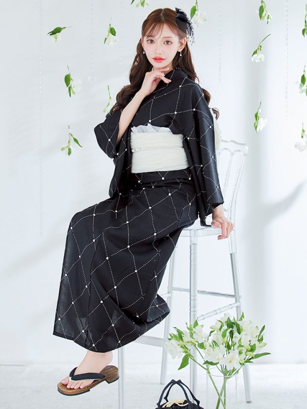 画像1: アーガイルビジュー浴衣  【浴衣３点セット 浴衣/帯/下駄】OBI-siwa-200-kj-13-OW / HIMO-906-yn-PEARL / HEKO-800-sb-5-W / YA-1080-kj-B / GETA-01-kj-1-B/ [YMT]