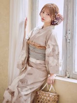 ベージュフラワー浴衣【浴衣３点セット 浴衣/帯/下駄】[yo/YMT]