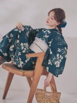 【即日発送】藍色椿桜柄浴衣【浴衣３点セット 浴衣/帯/下駄】[OF04]