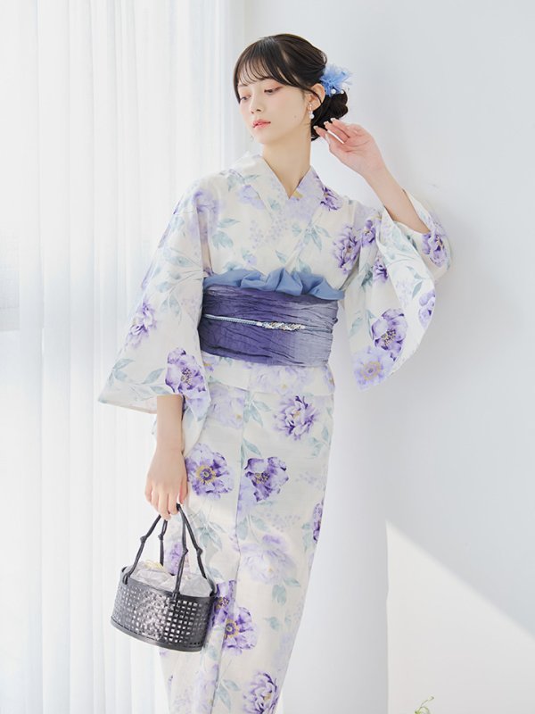 画像10: 【即日発送】水彩紫牡丹柄浴衣  【浴衣３点セット 浴衣/帯/下駄】[YMT]