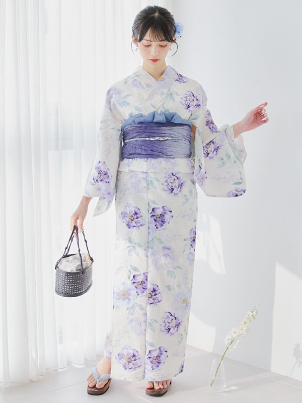 画像4: 【即日発送】水彩紫牡丹柄浴衣  【浴衣３点セット 浴衣/帯/下駄】[YMT]