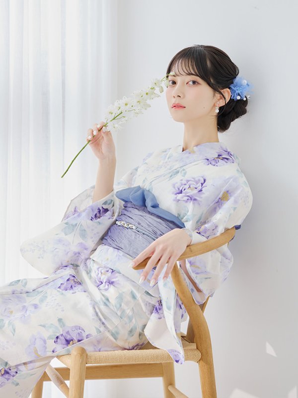 画像6: 【即日発送】水彩紫牡丹柄浴衣  【浴衣３点セット 浴衣/帯/下駄】[YMT]