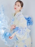 【予約 / 5月中旬発送予定】グラデーションブルー牡丹和モダン浴衣 OBI-lame-400-kj-12-TrBL / HIMO-900-yn-5-IV / HEKO-800-sb-5-W / YA-1001-kj-BL / GETA-01-kj-2-BL/ [o/YMT]