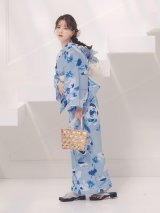 【即日発送】くすみブルー水彩花柄浴衣  【浴衣３点セット 浴衣/帯/下駄】[OF04/HC03]