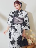 モノトーンフラワーレトロモダン浴衣 OBI-hira-100-ok-5-GYxSV / HIMO-900-yn-1-B / HEKO-800-sb-5-W / YA-1086-wk-B / GETA-01-kj-3-IV/ [yo/YMT]