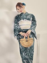 【即日発送】深藍緑線画フラワー浴衣  【浴衣３点セット 浴衣/帯/下駄】[OF04]
