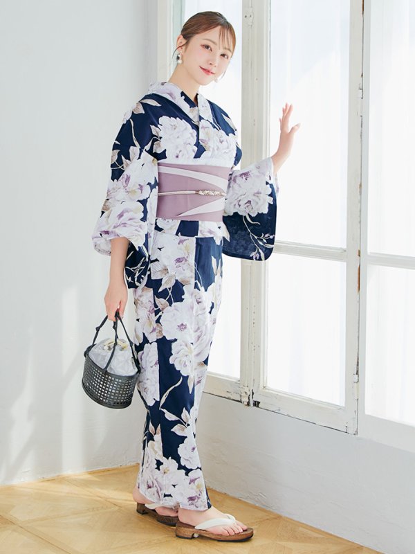 画像14: 【即日発送】濃紺牡丹柄浴衣  【浴衣３点セット 浴衣/帯/下駄】[YMT]