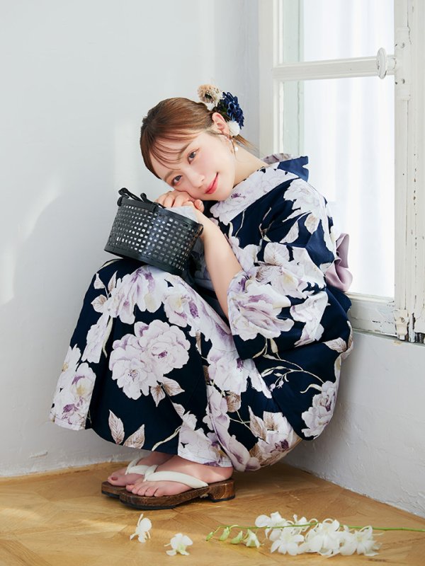 画像5: 【即日発送】濃紺牡丹柄浴衣  【浴衣３点セット 浴衣/帯/下駄】[YMT]