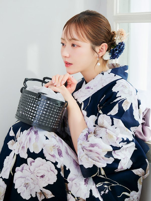 画像6: 【即日発送】濃紺牡丹柄浴衣  【浴衣３点セット 浴衣/帯/下駄】[YMT]