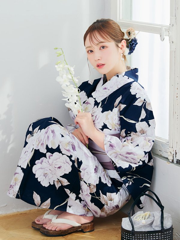 画像7: 【即日発送】濃紺牡丹柄浴衣  【浴衣３点セット 浴衣/帯/下駄】[YMT]