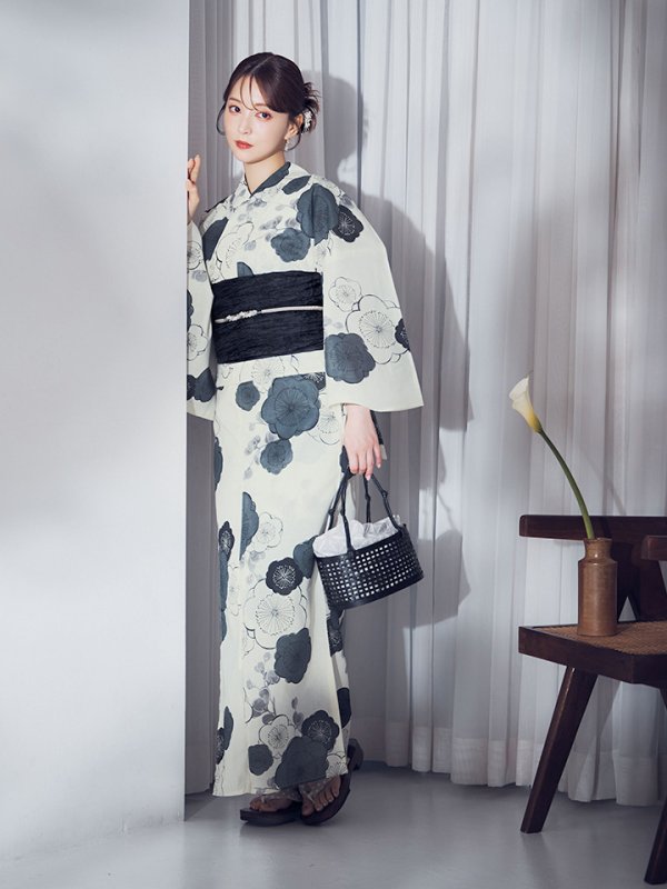 画像12: 【即日発送】梅柄藍鼠色浴衣 【浴衣3点セット 浴衣/帯/下駄】  [OF04]