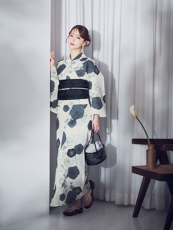 画像13: 【即日発送】梅柄藍鼠色浴衣 【浴衣3点セット 浴衣/帯/下駄】  [OF04]