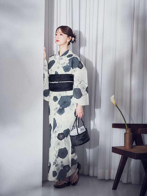 画像14: 【即日発送】梅柄藍鼠色浴衣 【浴衣3点セット 浴衣/帯/下駄】  [OF04]