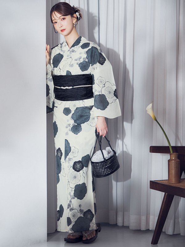 画像3: 【即日発送】梅柄藍鼠色浴衣 【浴衣3点セット 浴衣/帯/下駄】  [OF04]