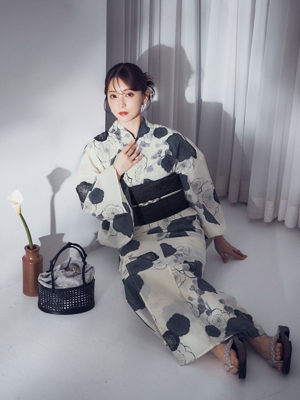 画像6: 【即日発送】梅柄藍鼠色浴衣 【浴衣3点セット 浴衣/帯/下駄】  [OF04]