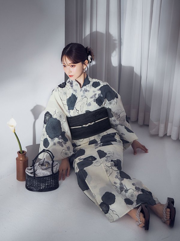 画像7: 【即日発送】梅柄藍鼠色浴衣 【浴衣3点セット 浴衣/帯/下駄】  [OF04]