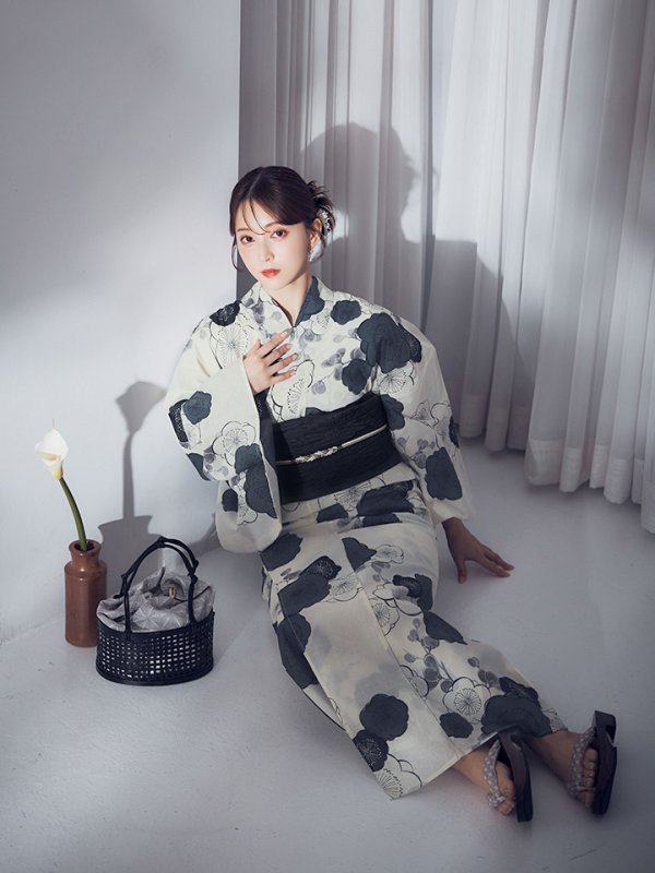 画像8: 【即日発送】梅柄藍鼠色浴衣 【浴衣3点セット 浴衣/帯/下駄】  [OF04]