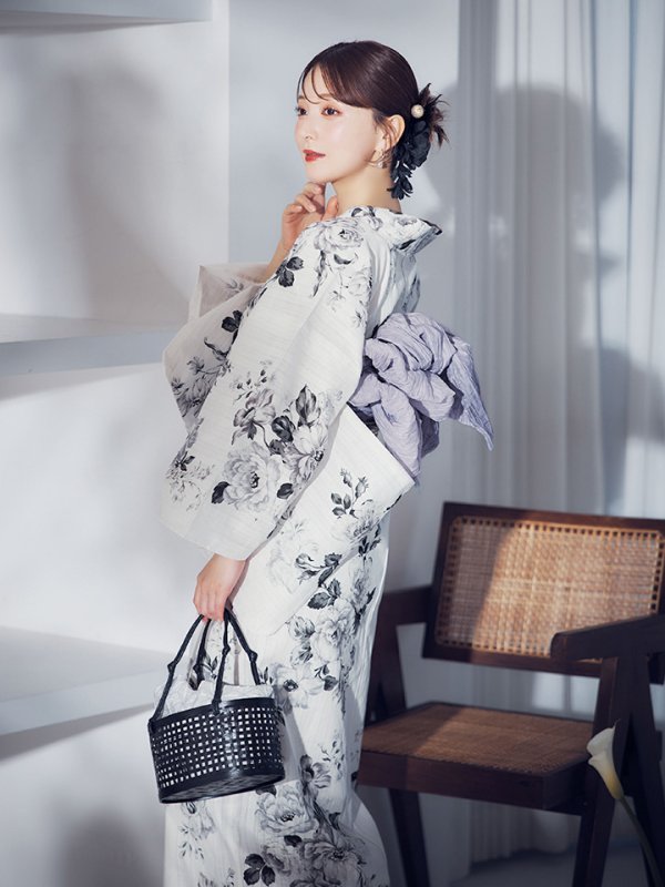 画像11: 【即日発送】モノトーンフラワー浴衣  【浴衣３点セット 浴衣/帯/下駄】[OF04]