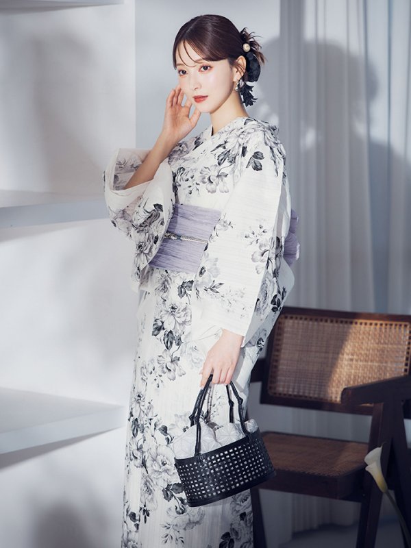 画像12: 【即日発送】モノトーンフラワー浴衣  【浴衣３点セット 浴衣/帯/下駄】[OF04]