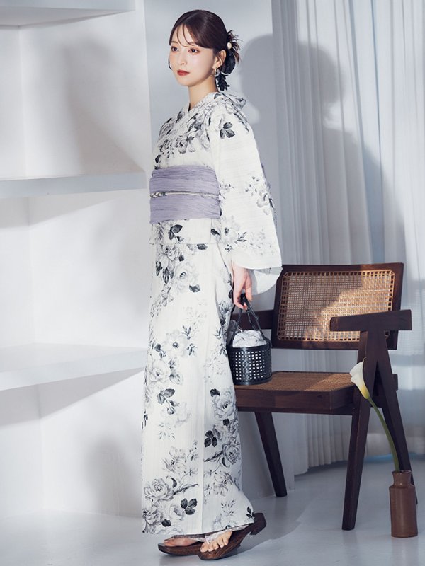 画像3: 【即日発送】モノトーンフラワー浴衣  【浴衣３点セット 浴衣/帯/下駄】[OF04]