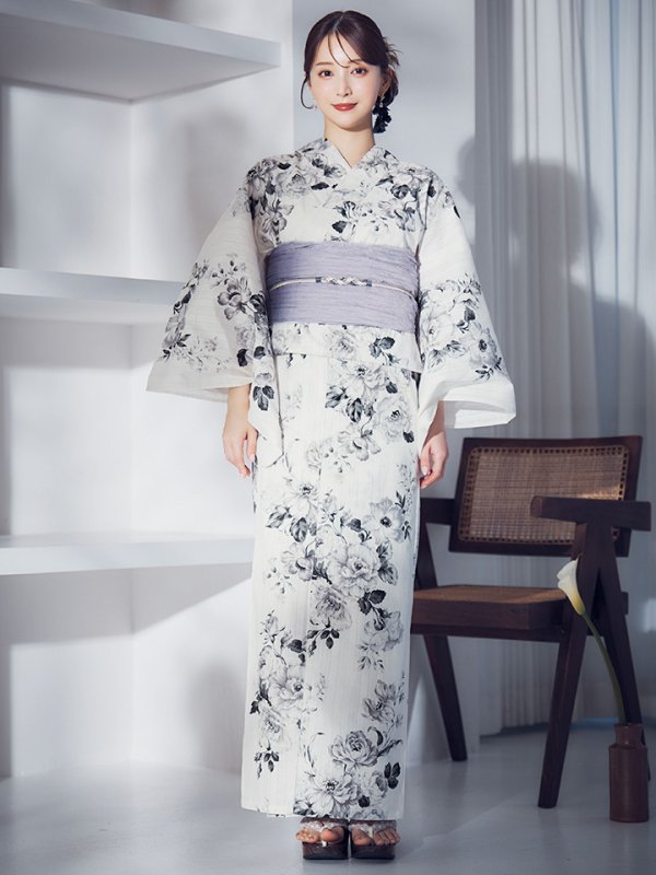 画像4: 【即日発送】モノトーンフラワー浴衣  【浴衣３点セット 浴衣/帯/下駄】[OF04]