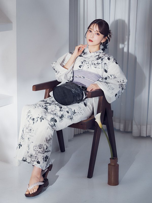 画像6: 【即日発送】モノトーンフラワー浴衣  【浴衣３点セット 浴衣/帯/下駄】[OF04]