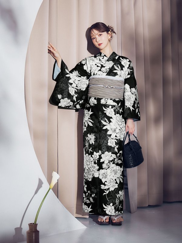 画像13: 【即日発送】ブラック線画フラワー浴衣  【浴衣３点セット 浴衣/帯/下駄】[OF04]