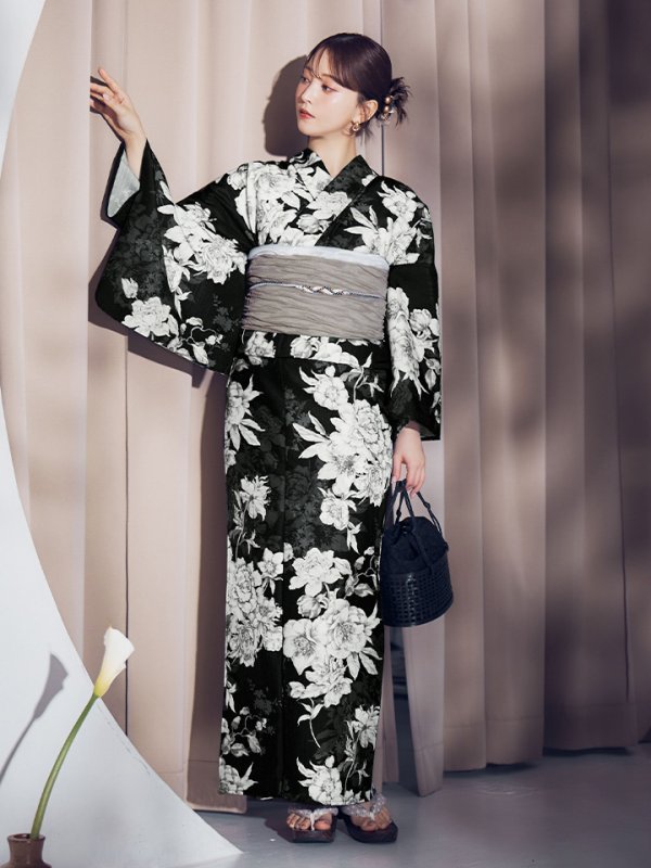 画像5: 【即日発送】ブラック線画フラワー浴衣  【浴衣３点セット 浴衣/帯/下駄】[OF04]