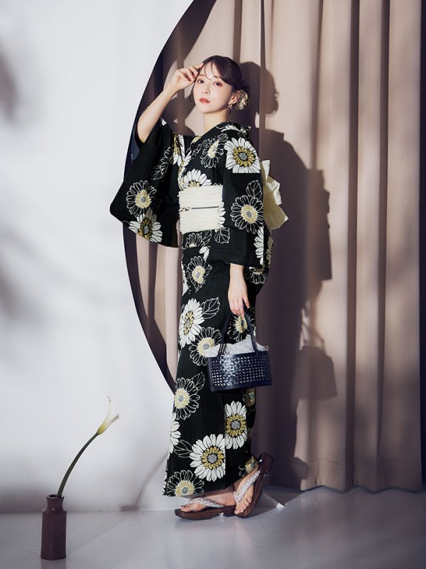 画像14: 【即日発送】向日葵柄黒色浴衣  【浴衣３点セット 浴衣/帯/下駄】[OF04]