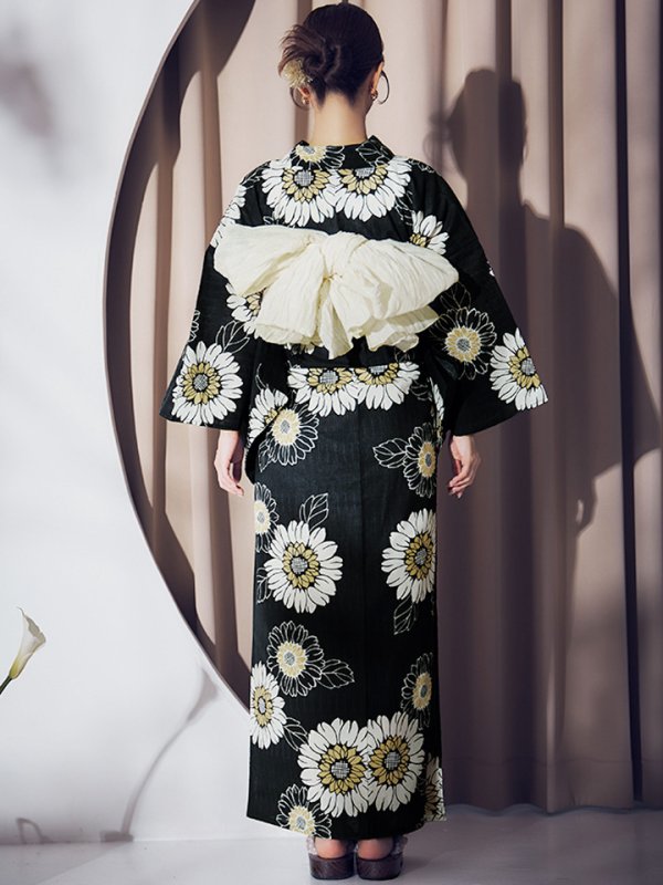 画像15: 【即日発送】向日葵柄黒色浴衣  【浴衣３点セット 浴衣/帯/下駄】[OF04]