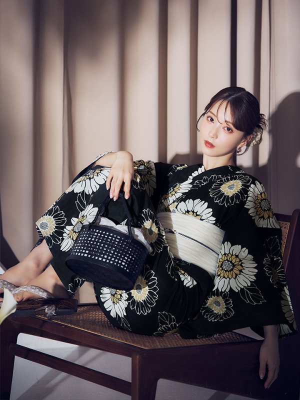 画像4: 【即日発送】向日葵柄黒色浴衣  【浴衣３点セット 浴衣/帯/下駄】[OF04]