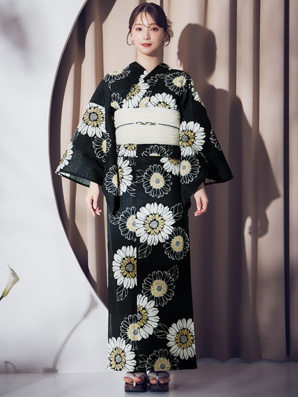 画像5: 【即日発送】向日葵柄黒色浴衣  【浴衣３点セット 浴衣/帯/下駄】[OF04]