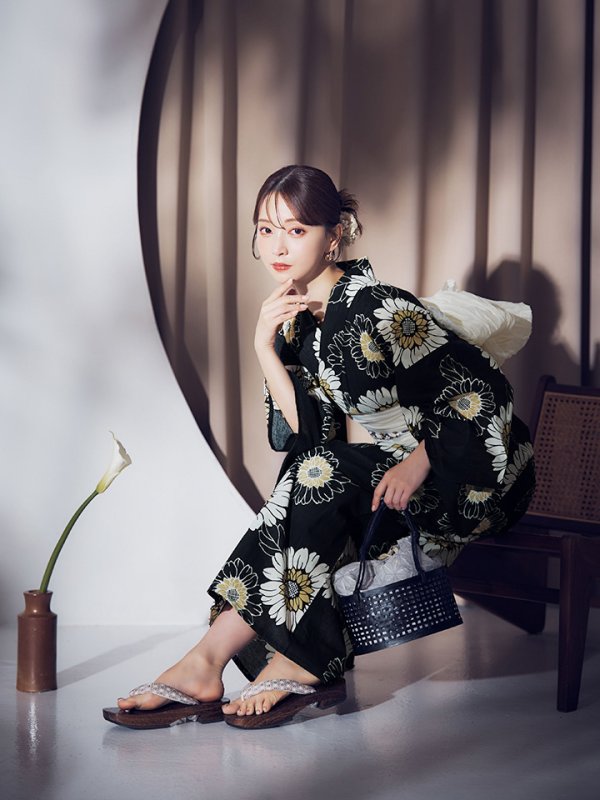 画像9: 【即日発送】向日葵柄黒色浴衣  【浴衣３点セット 浴衣/帯/下駄】[OF04]