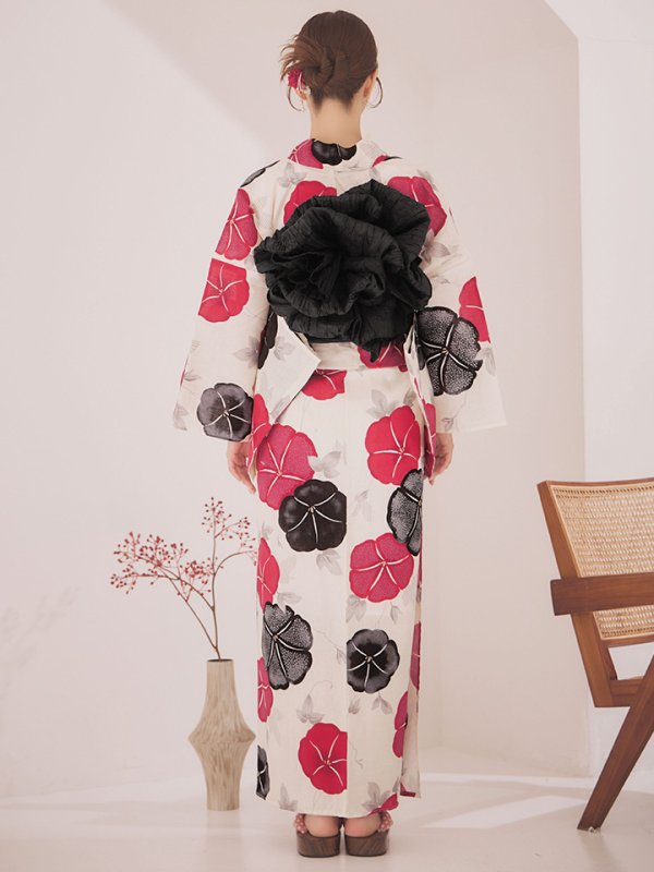 画像15: 【即日発送】紅色と黒の朝顔柄浴衣 【浴衣3点セット 浴衣/帯/下駄】 [YMT]